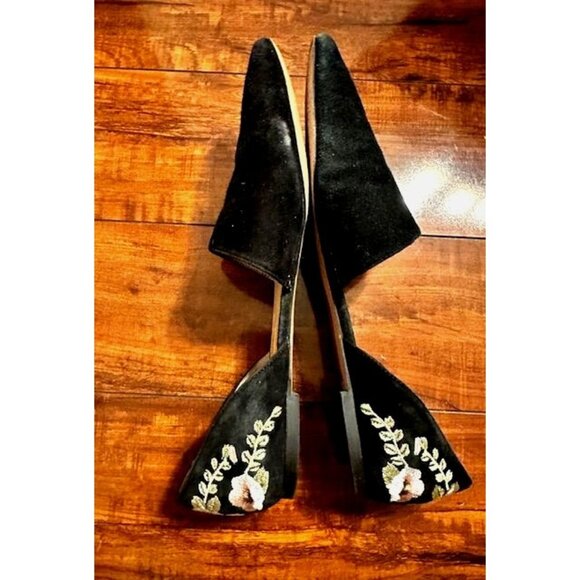 Franco Sarto Sanora Blk Suede Floral Embroidered DOrsay Flats Pointed Shoes 10M - Picture 4 of 7